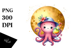 Cocktail Drinking Octopus in Beachwear PNG Product Image 1