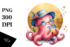 Cocktail Drinking Octopus in Beachwear PNG Product Image 1
