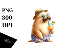 Cocktail Drinking Walrus in Beachwear PNG Product Image 1