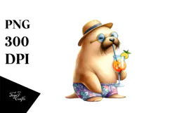 Cocktail Drinking Walrus in Beachwear PNG Product Image 1