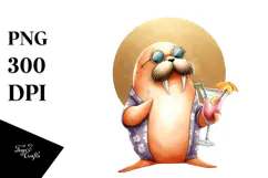 Cocktail Drinking Walrus in Beachwear PNG Product Image 1
