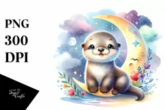 Colorful Smiling Baby Sea Otter with Moon | Sublimation | Product Image 1