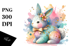 Colorful Wooden Bunny with Golden Insertions, Watercolor PNG Product Image 1