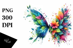 Abstract Butterfly with Plant Leaves and 3D Flowers, PNG Product Image 1