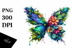 Abstract Butterfly with Plant Leaves and 3D Flowers, PNG Product Image 3