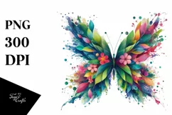 Abstract Butterfly with Plant Leaves and 3D Flowers, PNG Product Image 3