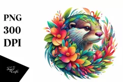Abstract Otter with Plant Leaves and 3D Flowers, PNG Product Image 1