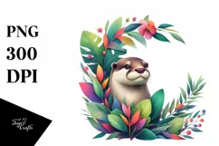 Abstract Otter with Plant Leaves and 3D Flowers, PNG Product Image 3