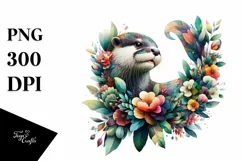 Abstract Otter with Plant Leaves and 3D Flowers, PNG Product Image 3