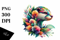 Abstract Otter with Plant Leaves and 3D Flowers, PNG Product Image 1