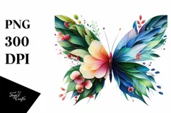 Abstract Butterfly with Plant Leaves and 3D Flowers, PNG Product Image 1