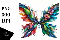 Abstract Butterfly with Plant Leaves and 3D Flowers, PNG Product Image 1