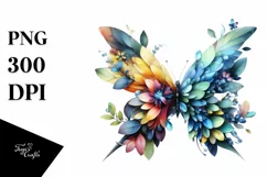 Abstract Butterfly with Plant Leaves and 3D Flowers, PNG Product Image 1
