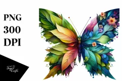 Abstract Butterfly with Plant Leaves and 3D Flowers, PNG Product Image 1