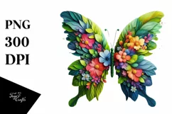 Abstract Butterfly with Plant Leaves and 3D Flowers, PNG Product Image 3
