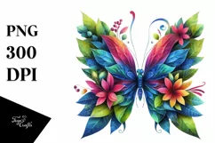 Abstract Butterfly with Plant Leaves and 3D Flowers, PNG Product Image 1