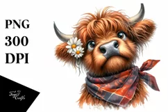 Highland Cow with Bandana and Daisy | Sublimation | Clipart Product Image 1