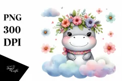 Whimsical Cloud Flowers,Smiling Cute Baby Hippo | Clipart Product Image 3