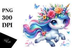 Cute Unicorn Running with Floral Wreath PNG Product Image 1