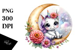 Colorful Baby Unicorn Zinnia on Moon | Sublimation | Clipart Product Image 1