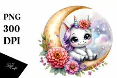 Colorful Baby Unicorn Zinnia on Moon | Sublimation | Clipart Product Image 1
