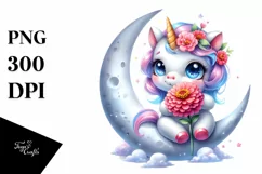 Colorful Baby Unicorn Zinnia on Moon | Sublimation | Clipart Product Image 3