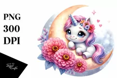 Colorful Baby Unicorn Zinnia on Moon | Sublimation | Clipart Product Image 1