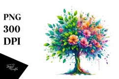 Abstract Tree with Plant Leaves and 3D Flowers, PNG Product Image 3