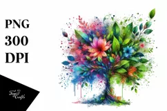 Abstract Tree with Plant Leaves and 3D Flowers, PNG Product Image 1