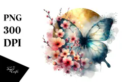 Grungy Butterfly with Spring Flowers, Transparent PNG Product Image 1