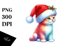 A Cute Watercolor Cat Sitting with Santa Hat, White Product Image 1