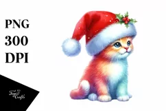 A Cute Watercolor Cat Sitting with Santa Hat, White Product Image 1