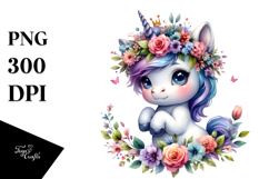 Adorable Baby Unicorn with Floral Wreath, Vibrant Watercolor Product Image 1