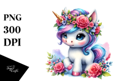 Adorable Baby Unicorn with Floral Wreath, Vibrant Watercolor Product Image 1
