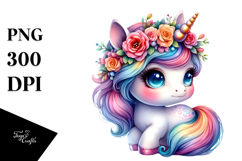 Adorable Baby Unicorn with Floral Wreath, Vibrant Watercolor Product Image 1