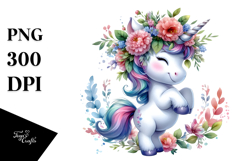 Cute Baby Unicorn Dancing Floral Wreath PNG Product Image 1