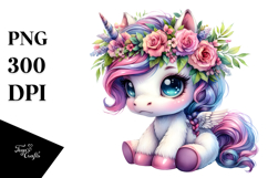 Baby Unicorn Sitting with Floral Wreath, Vibrant Watercolor Product Image 1