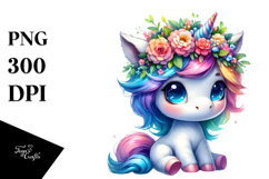 Baby Unicorn Sitting with Floral Wreath, Vibrant Watercolor Product Image 1