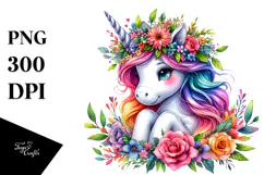 Cute Unicorn with Floral Wreath PNG Product Image 1