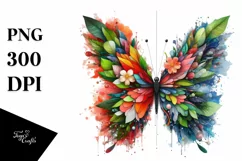 Abstract Butterfly with Plant Leaves and 3D Flowers, PNG Product Image 1