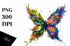 Abstract Butterfly with Plant Leaves and 3D Flowers, PNG Product Image 3