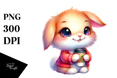 Vibrant Watercolor Baby Rabbit with Coffee Cup, PNG Product Image 1