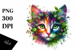 Abstract Vibrant Kitten with Plant Leaves PNG Product Image 3