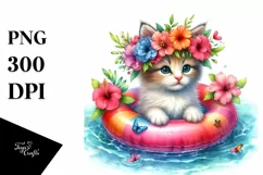 Watercolor Young Kitten with Flowers | Sublimation | Clipart Product Image 1