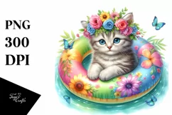 Watercolor Young Kitten with Flowers | Sublimation | Clipart Product Image 1