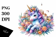 colorful Baby Unicorn with Provencal Town Product Image 1