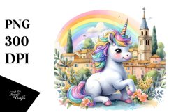 colorful Baby Unicorn with Provencal Town Product Image 1