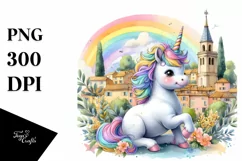 colorful Baby Unicorn with Provencal Town Product Image 1
