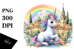 colorful Baby Unicorn with Provencal Town Product Image 1