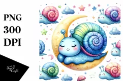 Colorful Baby Snail Sleeping on Moon | Sublimation Clipart Product Image 1